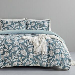 NEW Anthro Teal Blue Floral Botanical Boho Queen / King Bedding Duvet & Sham Set